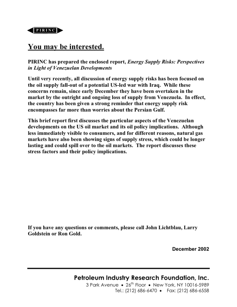 Report on energy supply risks, December 2002.