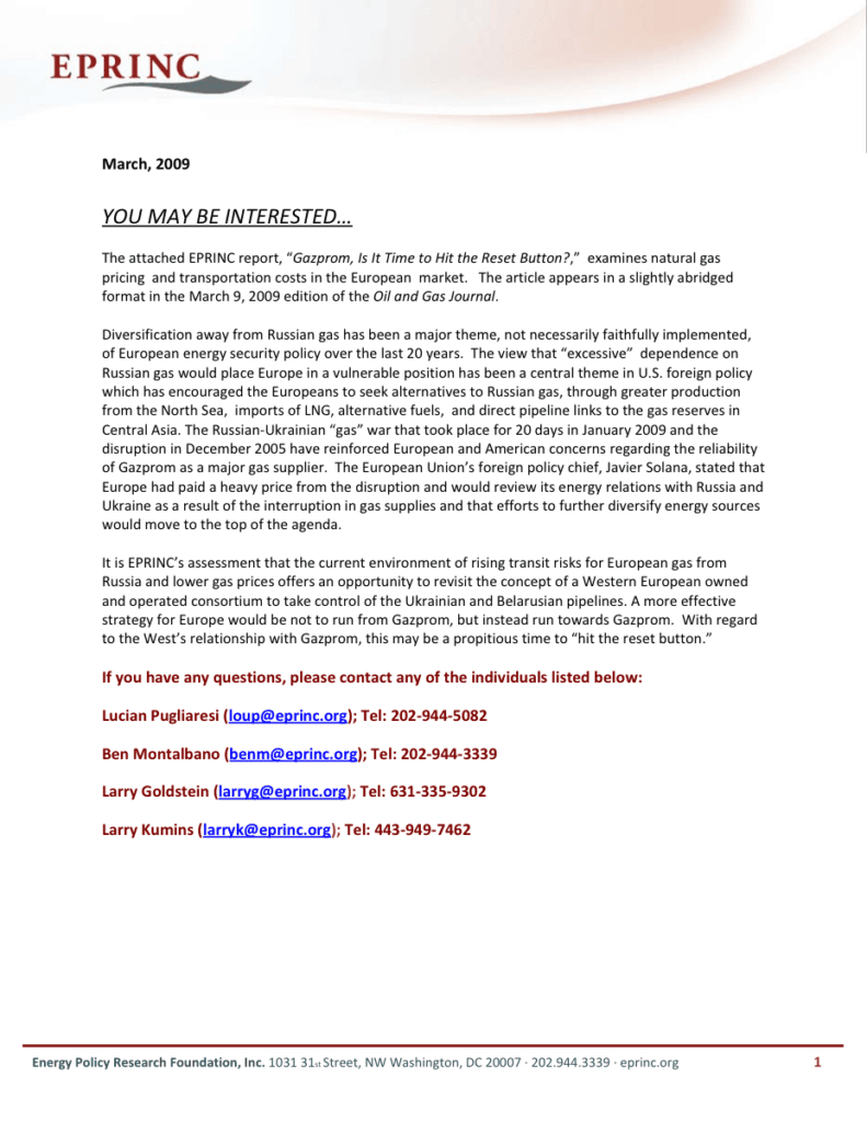 EPRINC newsletter discussing European gas pricing.