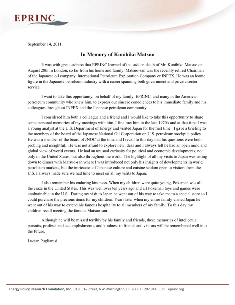 Memorial letter for Kunihiko Matsuo, 2011.